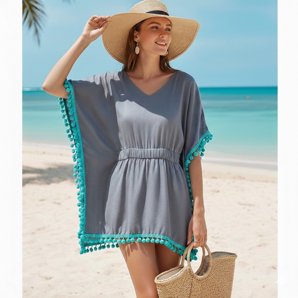ATUN Womens Grey Pom Pom Beach Cover Up Kaftan Dress Tassels V‎ Neck Size S